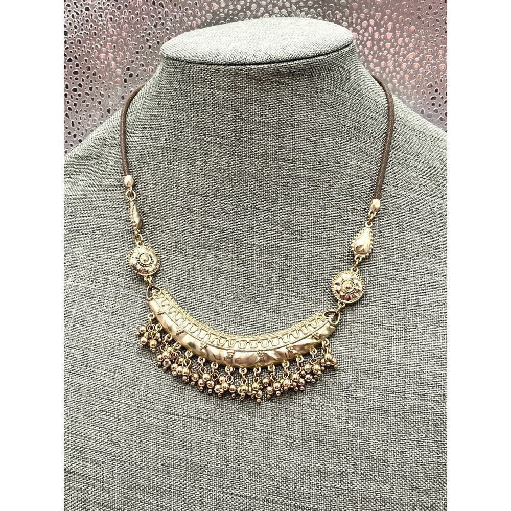 Chico’s Necklace light Gold Tone Bar with Dangles Brown Cords Costume 19”+ 4”